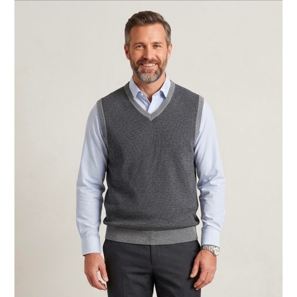 Chaps Men's Grey Textured V-Neck Sweater Vest‎ Size Medium Golf Preppy Casual